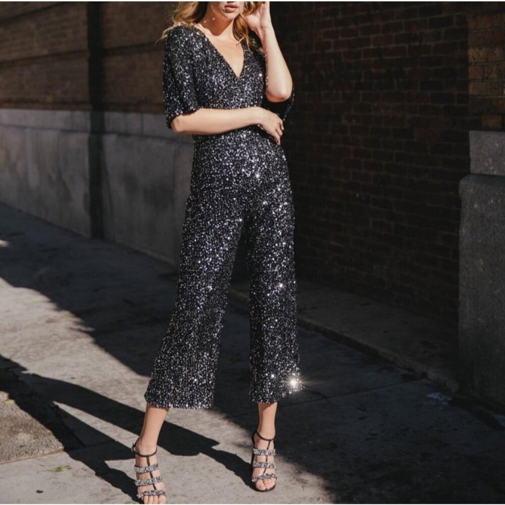 NWT Black Halo Keeley Black Sequins Jumpsuit